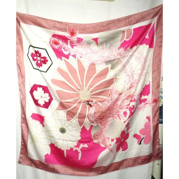 Chico's Scarf Living Beyond Breast Cancer Pink Floral Bird Satin - Picture 5 of 6